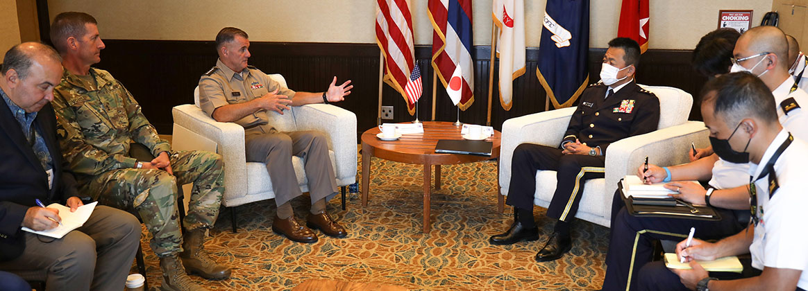 HONOLULU, Hawaii (May 18, 2022) - Gen. Charles A. Flynn, left center, commander of U.S. Army Pacific, and Maj. Gen. JB Vowell, left, commander of U.S. Army Japan, hold a bilateral engagement with Lt. Gen. Toshikazu Yamane, right center, vice chief of staff for the Japanese Ground Self-Defense Force, in Honolulu May 18, 2022.